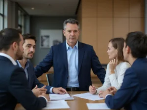 יועץ מיתוג מוביל פגישה עסקית בסביבת משרד
