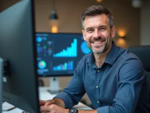 יועץ שיווקי בטוח מנתח גרפי צמיחה על גבי מחשב