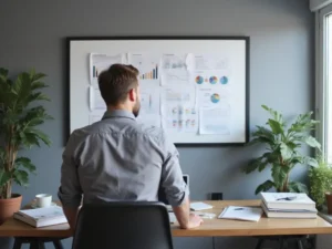 יועץ שיווקי מהרהר בדיאגרמות בסביבת עבודה מקצועית