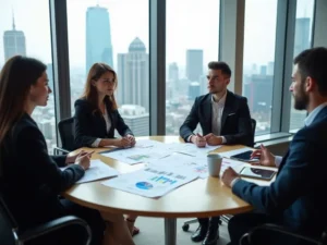 אנשי מקצוע במשרד מודרני דנים באסטרטגיית מיתוג מחדש 