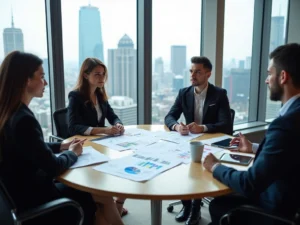 אנשי מקצוע במשרד מודרני דנים באסטרטגיית מיתוג מחדש